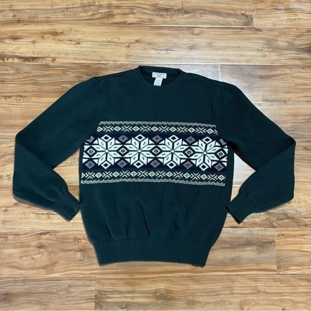 Dockers Men's Sweater Small Green White Snowflakes Geo Winter
